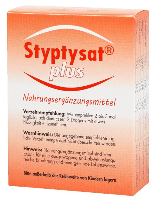 Packshot Styptysat® plus Dragees: Nahrungsergänzungsmittel zur unterstützenden Behandlung bei starker Regelblutung (Hypermenorrhoe).